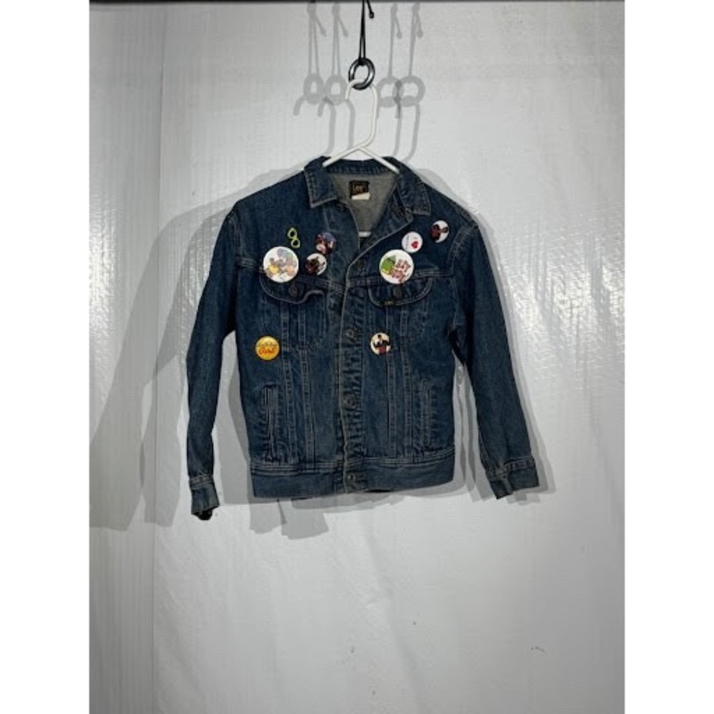 Vintage 80s Lee Kids Denim Jacket Medium Blue Jean Coat with NKOTB Pins M